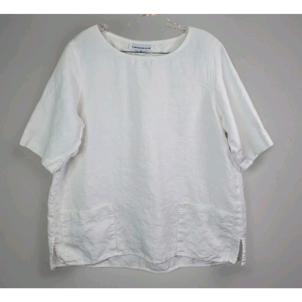 Caroline Rose Womens White Linen Tunic Top Size XL Minimalist USA MADE Lagenlook